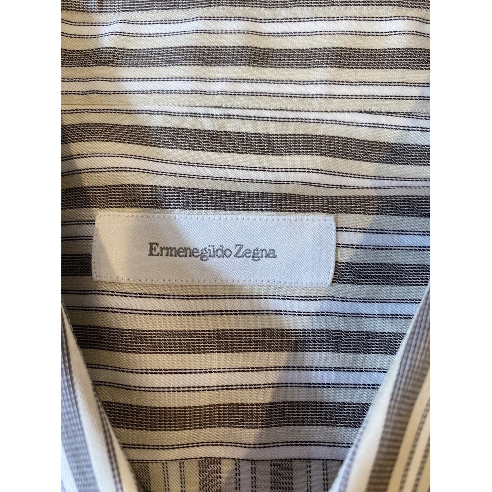 Ermenegildo Zegna Shirt Mens 18.5 XXL Brown White Stripe Regular Fit 100% Cotton